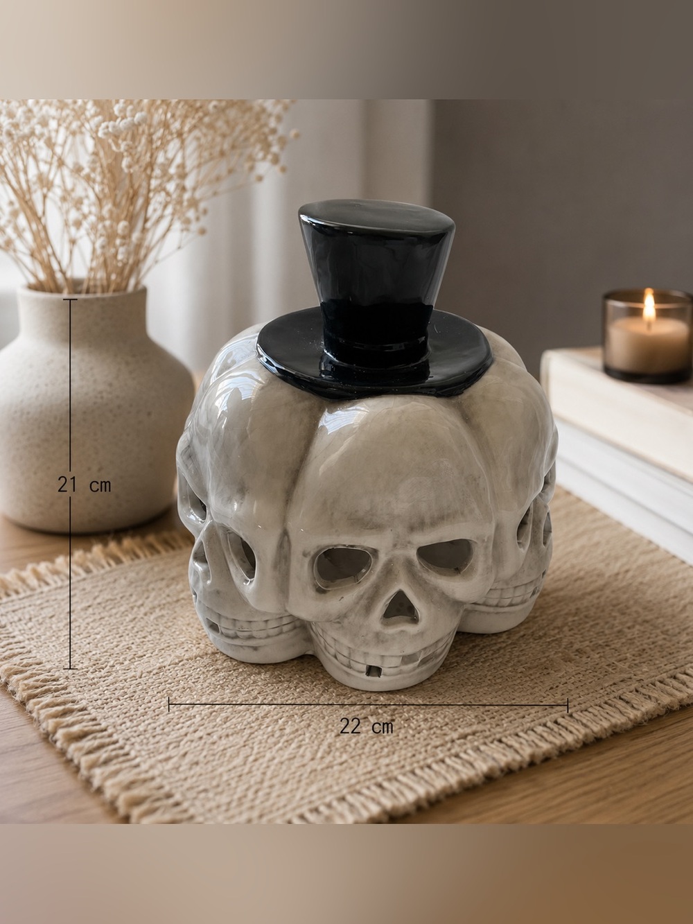 Halloween unique skull pumpkin candle holder with black top hat - Picture 2 of 7